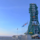 Photo of the Soyuz rocket around 4 hours prior to launch, at the Baikonur Cosmodrome in Kazakhstan.